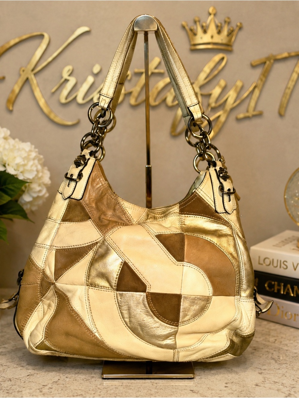 Coach Maggie Patchwork Metallic Gold Leather Hobo Bag 16327 Signature C